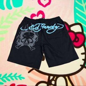 Ed Hardy Black Shorts with Blue Skull Graphic